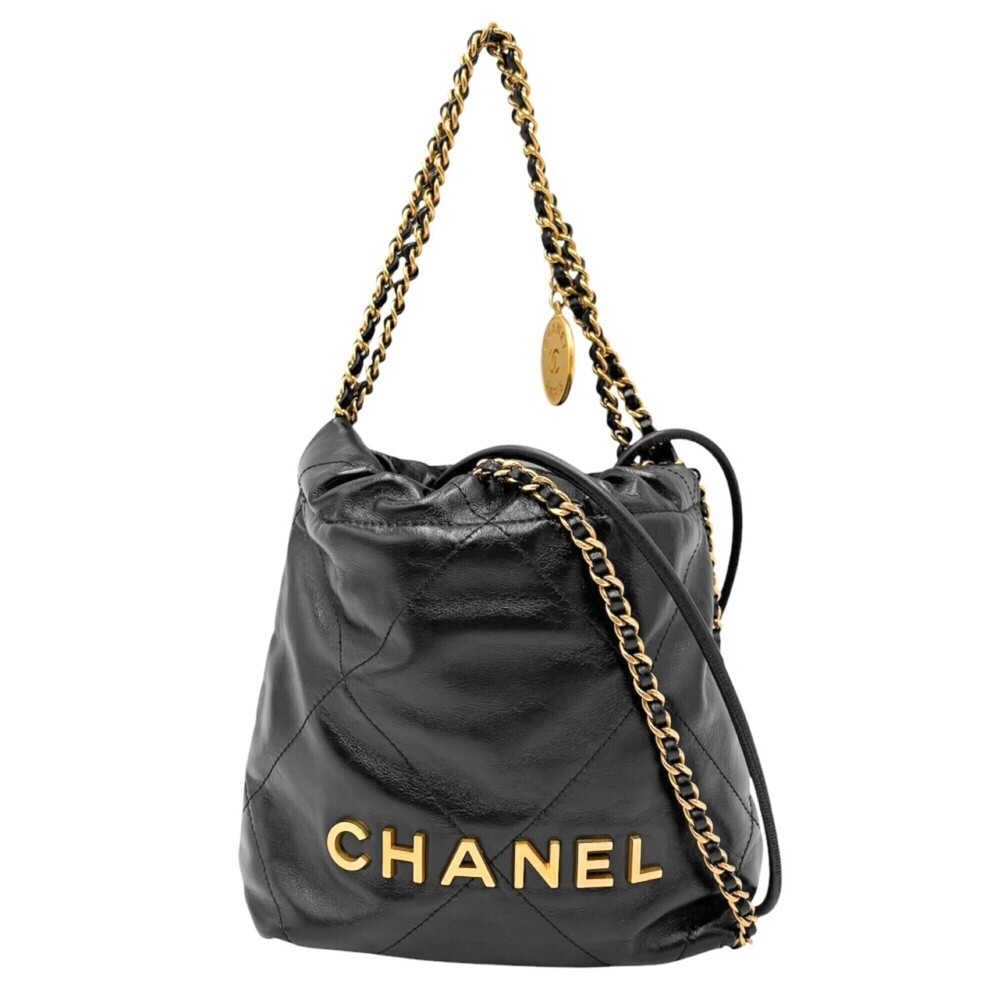 Chanel Women's 22 Mini Logo Handbag Shoulder Bag Crossbody Chain Leather Blac...